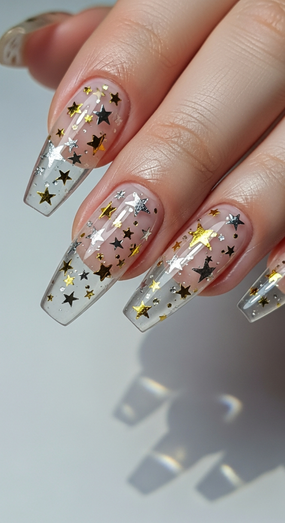 Clear Nails With Floating Stars