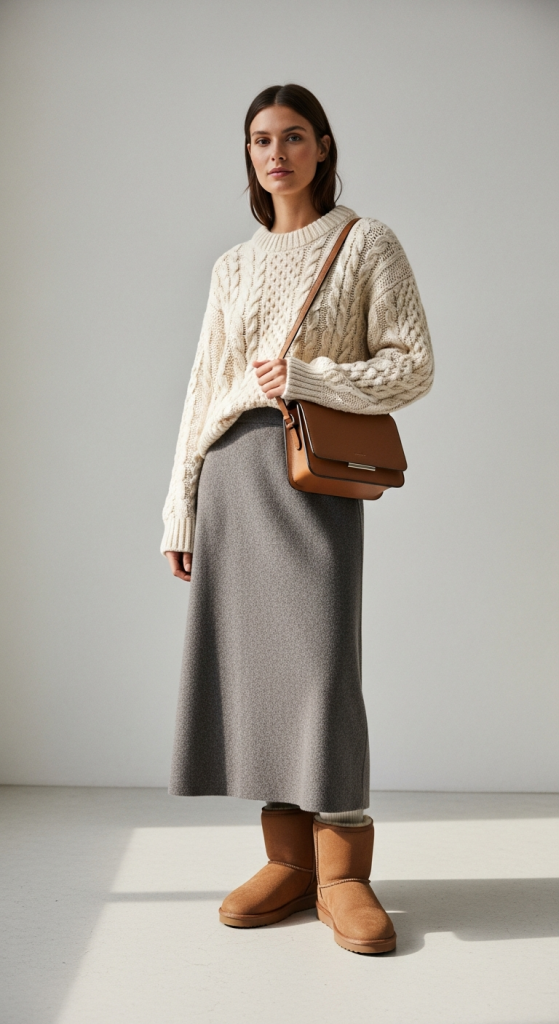 Cream Cable-Knit Sweater + Wool Midi Skirt + Shearling Boots
