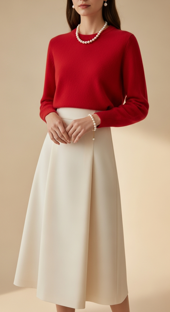 Cream Midi Skirt With A Red Cashmere Sweater