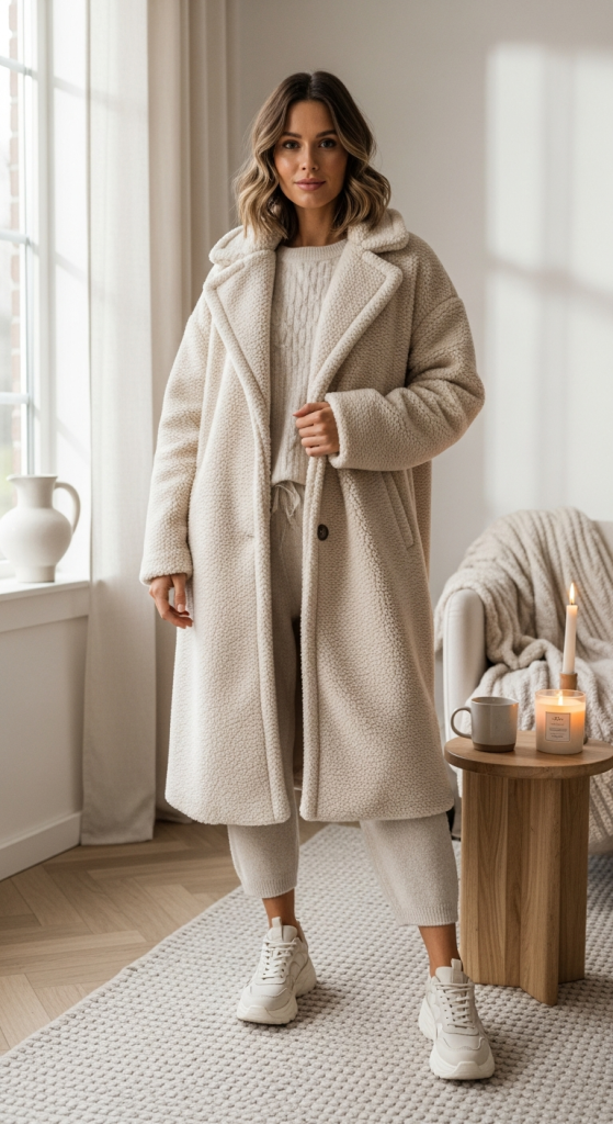 Cream Teddy Coat + Matching Knit Set
