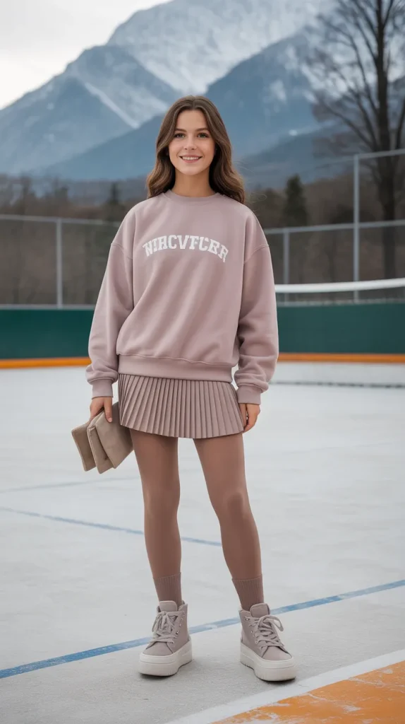 Crewneck Sweatshirt + Tennis Skirt + Fleece Tights