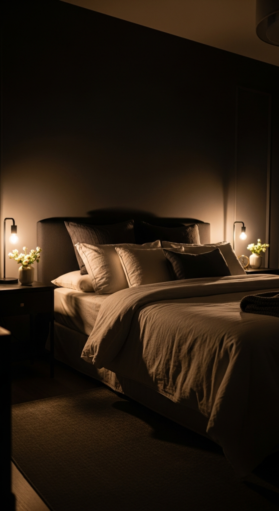 Deep Charcoal Walls With Soft Linen Bedding