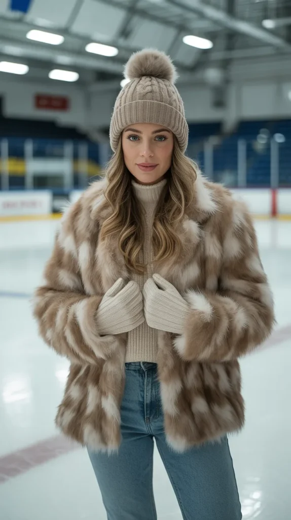 Faux Fur Coat + Knit Beanie + Skinny Jeans