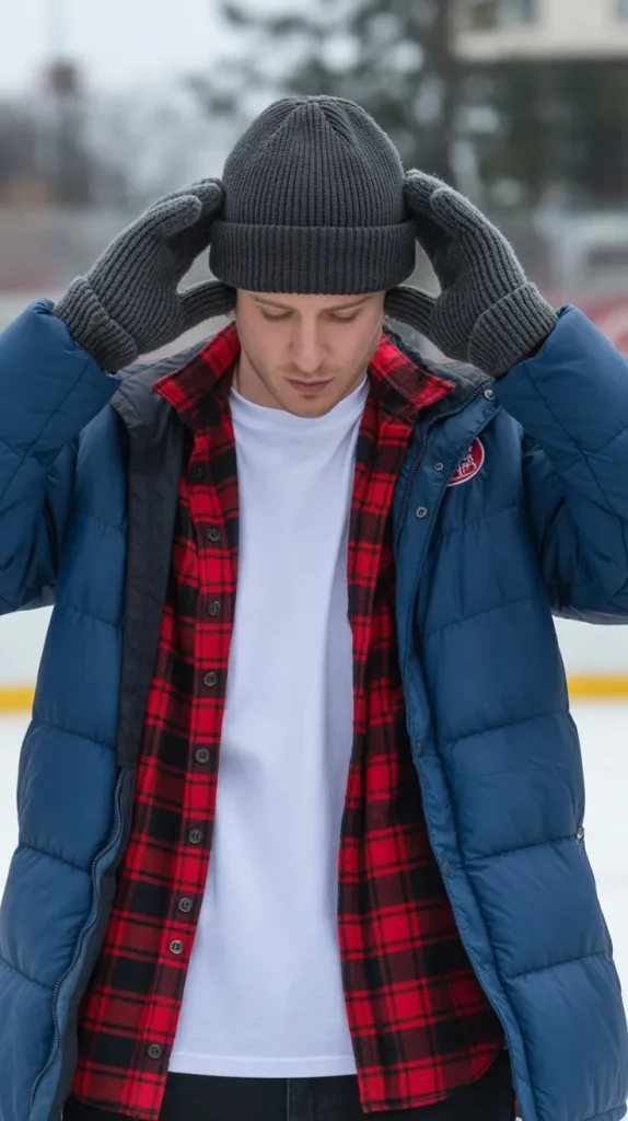 Flannel Shirt Layered Over a Tee + Puffer Coat