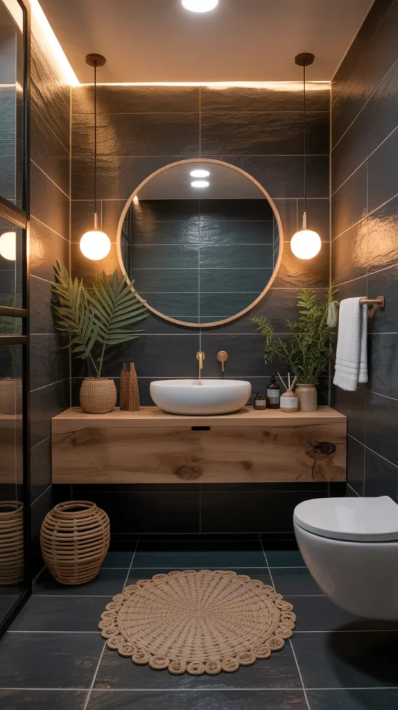 Floor-to-Ceiling Dark Grey Tile Bathroom