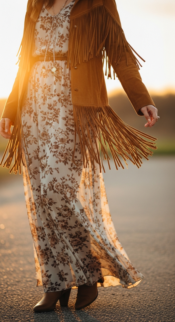 Fringe Jacket Over A Floral Maxi Dress