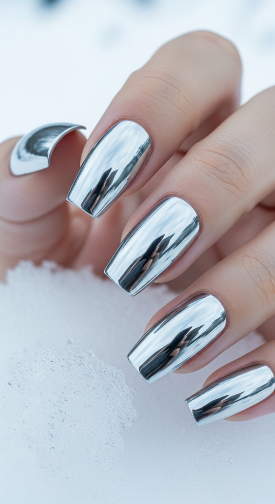 Frosted Silver Chrome Nails
