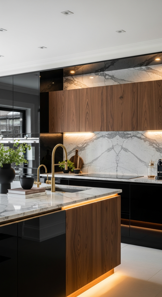 Glossy Black Cabinets With Walnut Wood