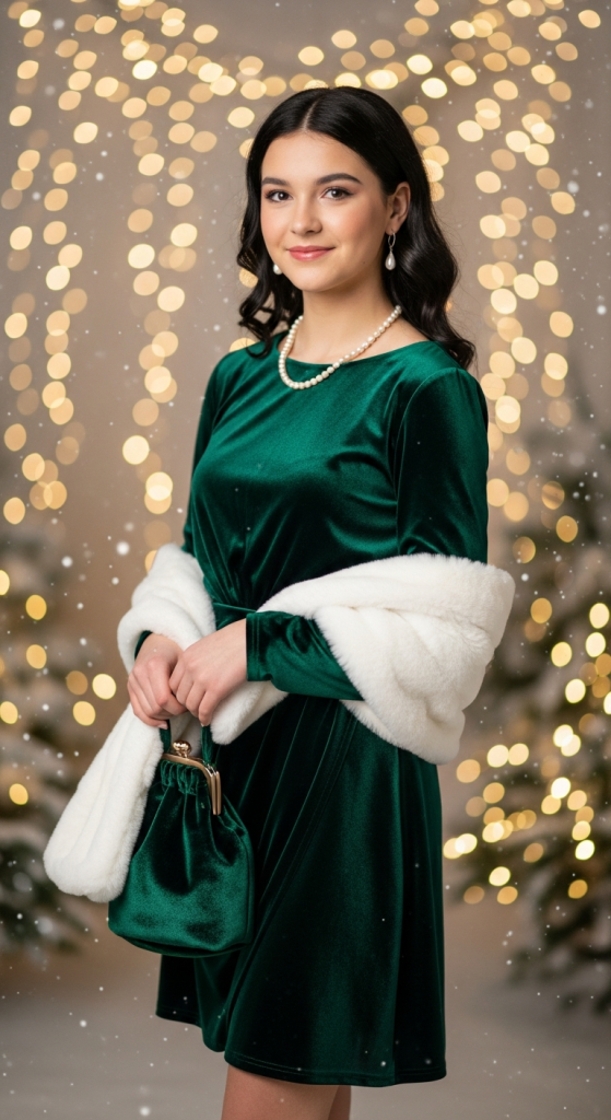Green Velvet Dress With White Accessories