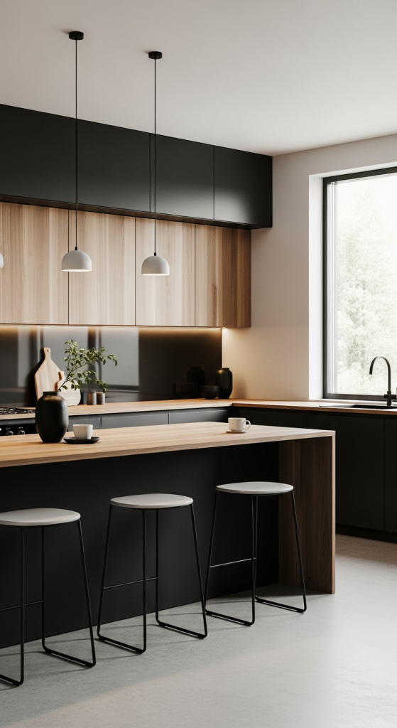 Handleless Black Cabinets With Wood Panels