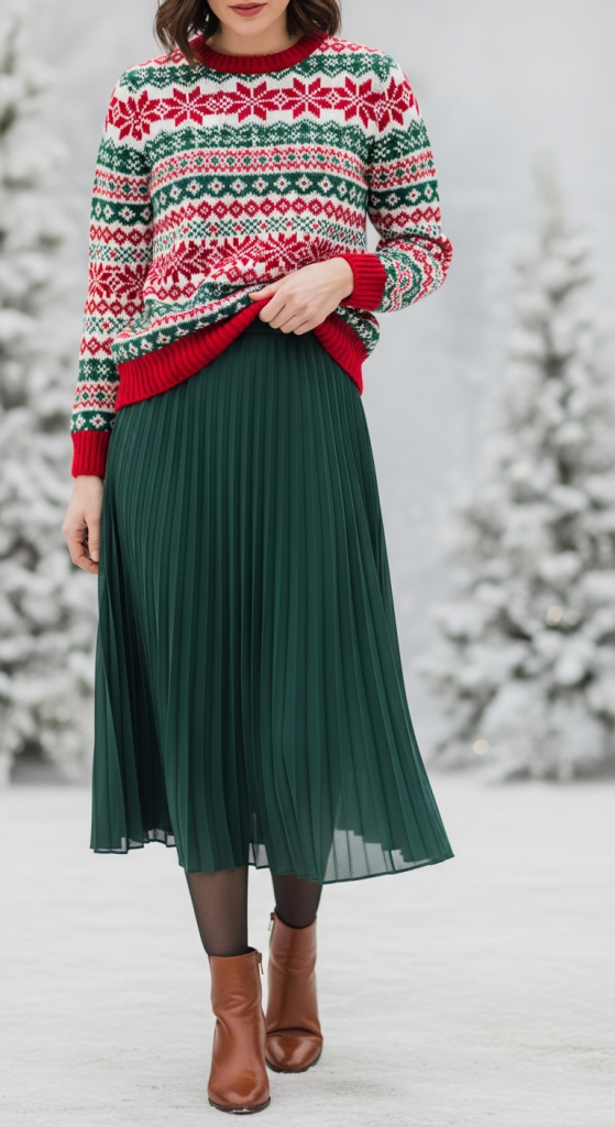 Holiday Sweater With Pleated Midi Skirt