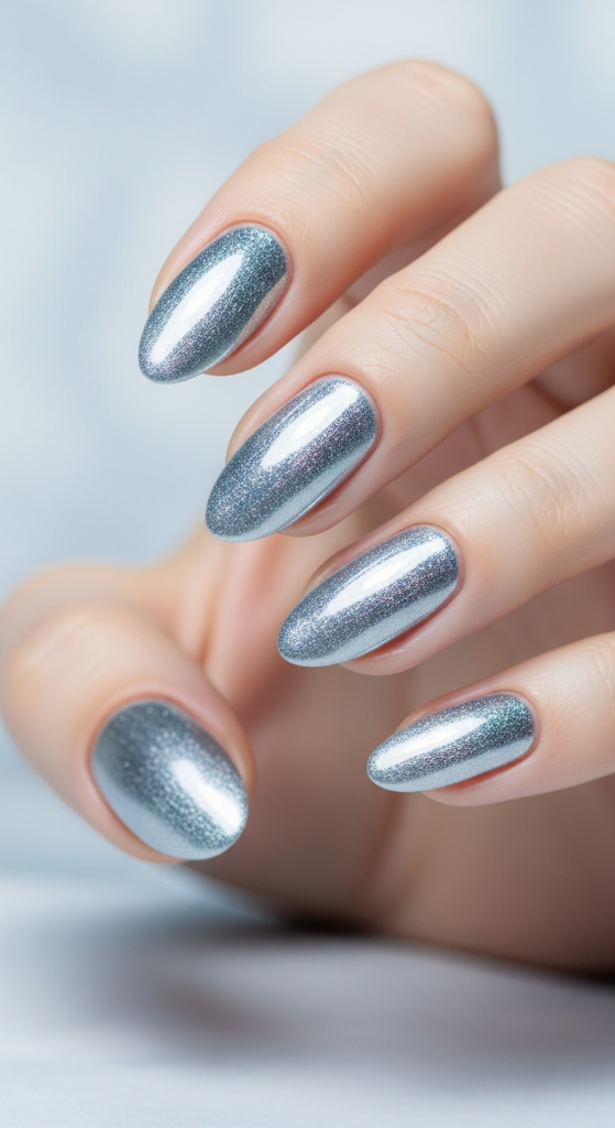 Icy Silver Chrome Short Nails