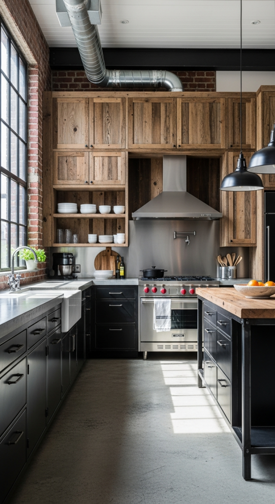 Industrial Black Cabinets With Rough Wood Texture