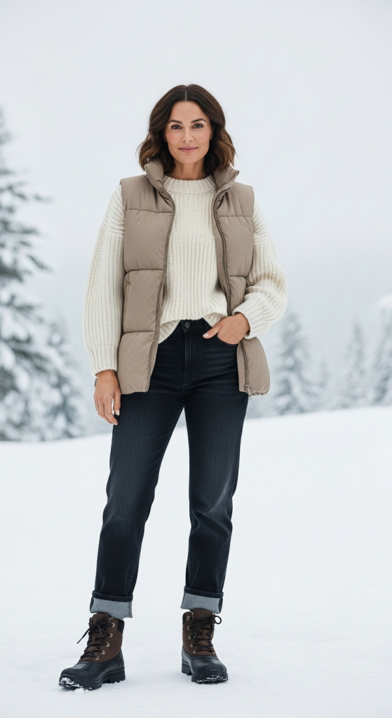 Layered Chunky Sweater + Puffer Vest + Straight Jeans