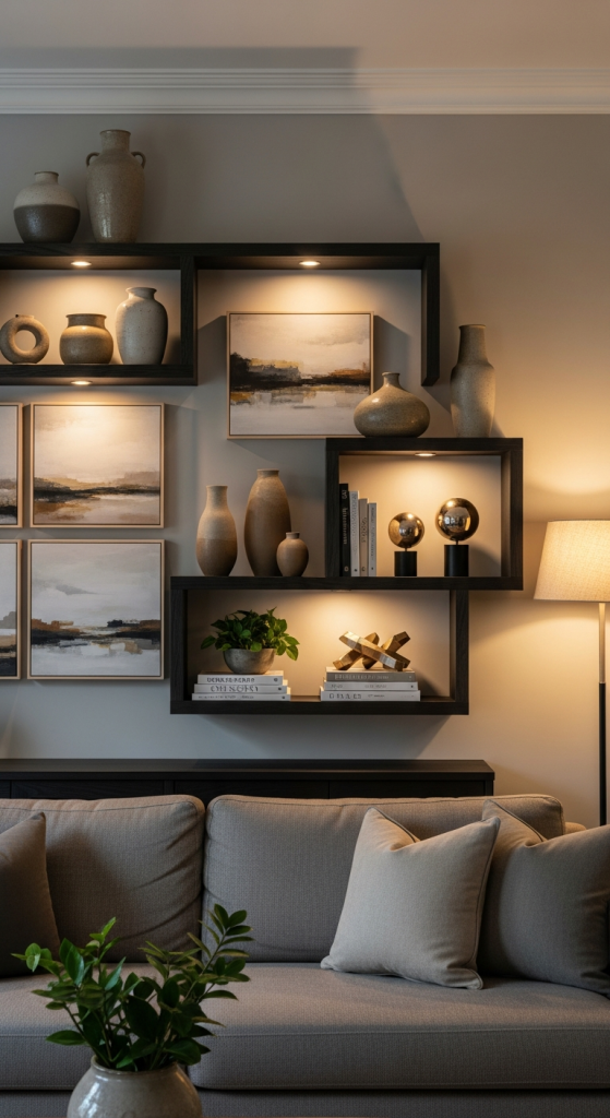 Layered Shelves With Artwork