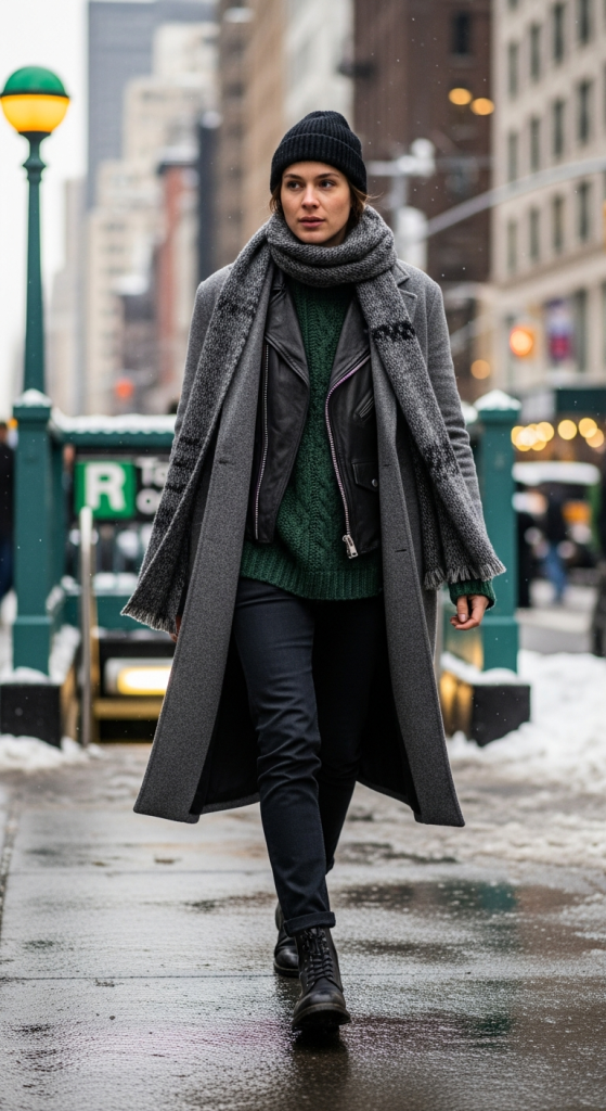 Leather Jacket Layered Under Wool Coat
