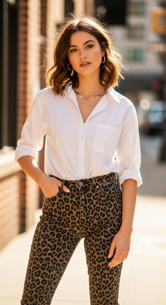 Leopard Jeans With A Button-Down Shirt