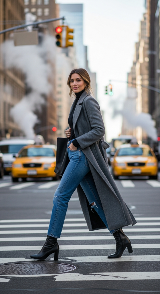 Long Wool Coat + Turtleneck + Straight-Leg Jeans