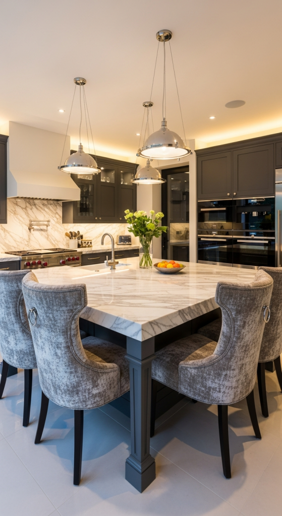 Marble Island With Elegant Upholstered Chairs
