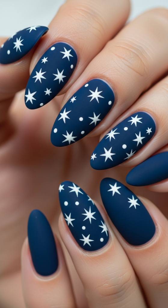 Matte Navy Nails With Tiny White Stars