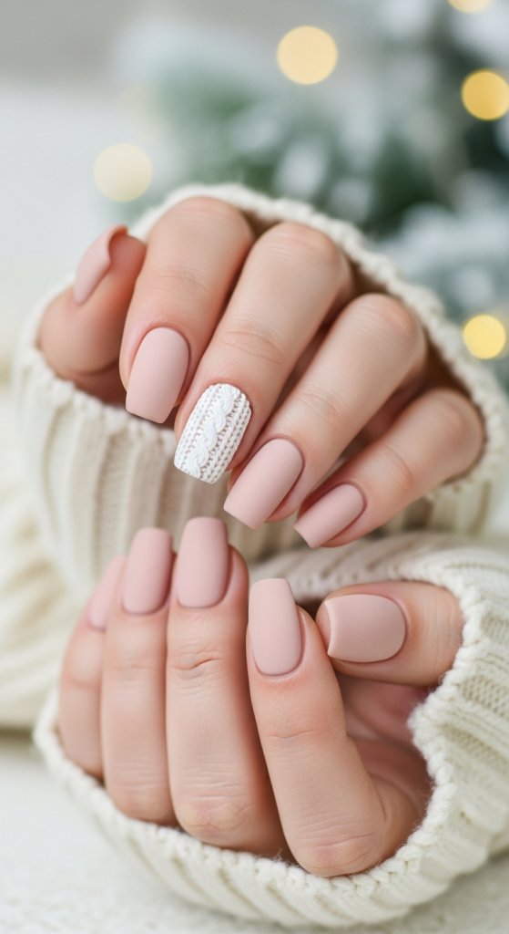 Matte Nude Nails With White Sweater Texture