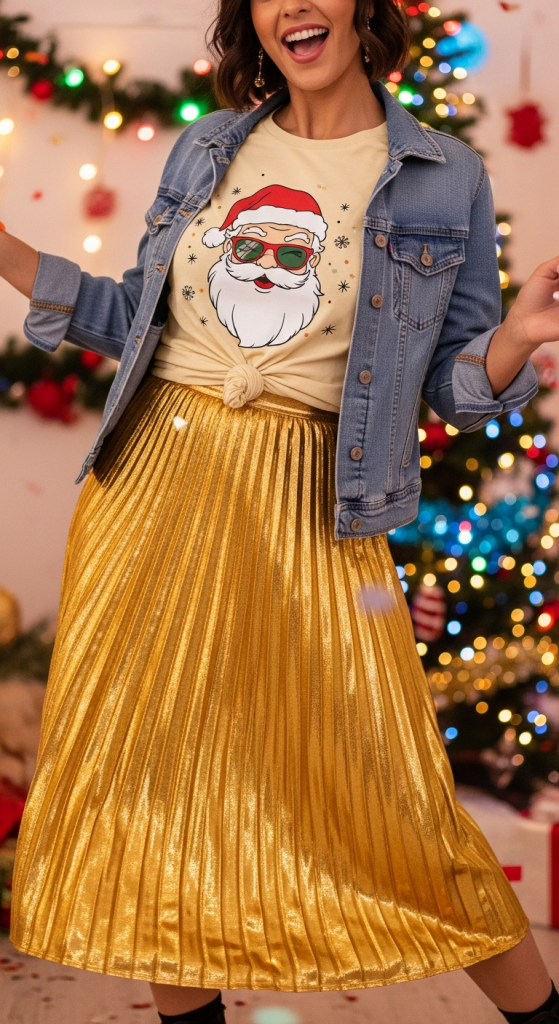 Metallic Pleated Skirt With a Graphic Tee