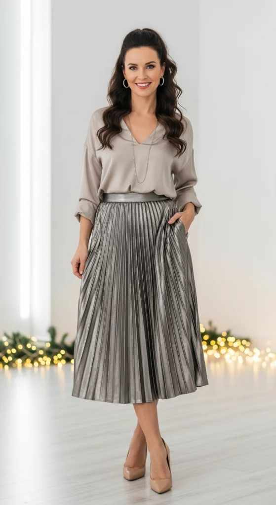 Metallic Skirt With Neutral Blouse