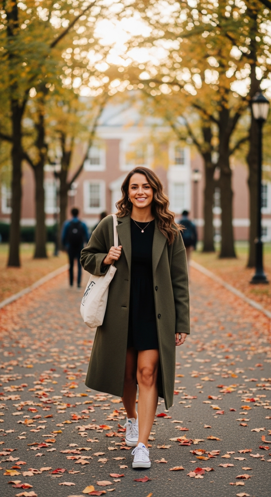 Mini Dress + Long Coat + Sneakers