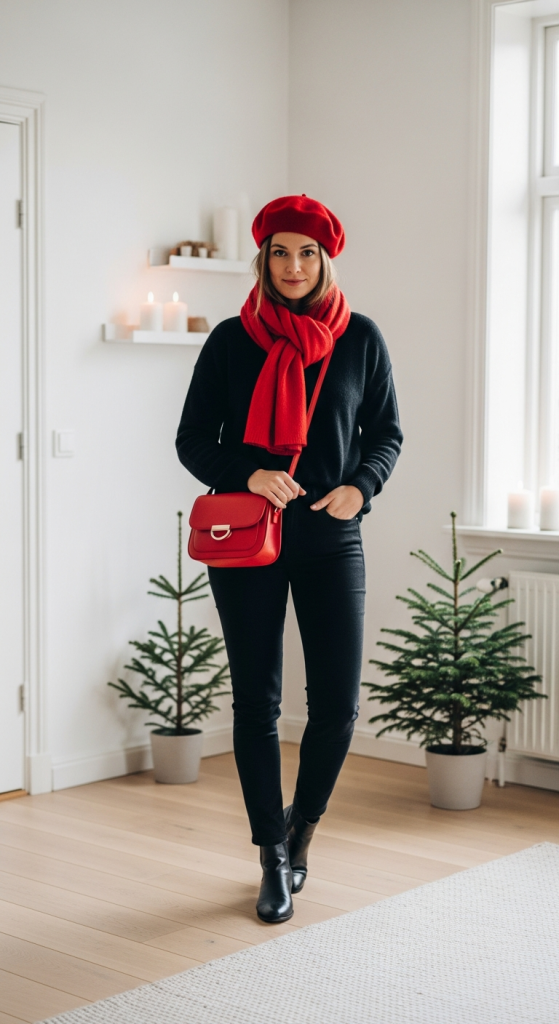 Minimal Festive Look_ Black Sweater + Red Bag