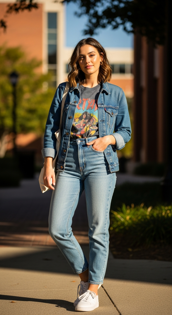 Mom Jeans + Graphic Tee + Denim Jacket