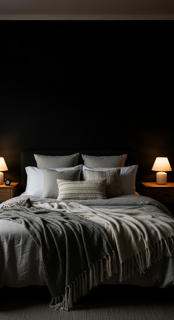 Moody Black Accent Wall Behind The Bed