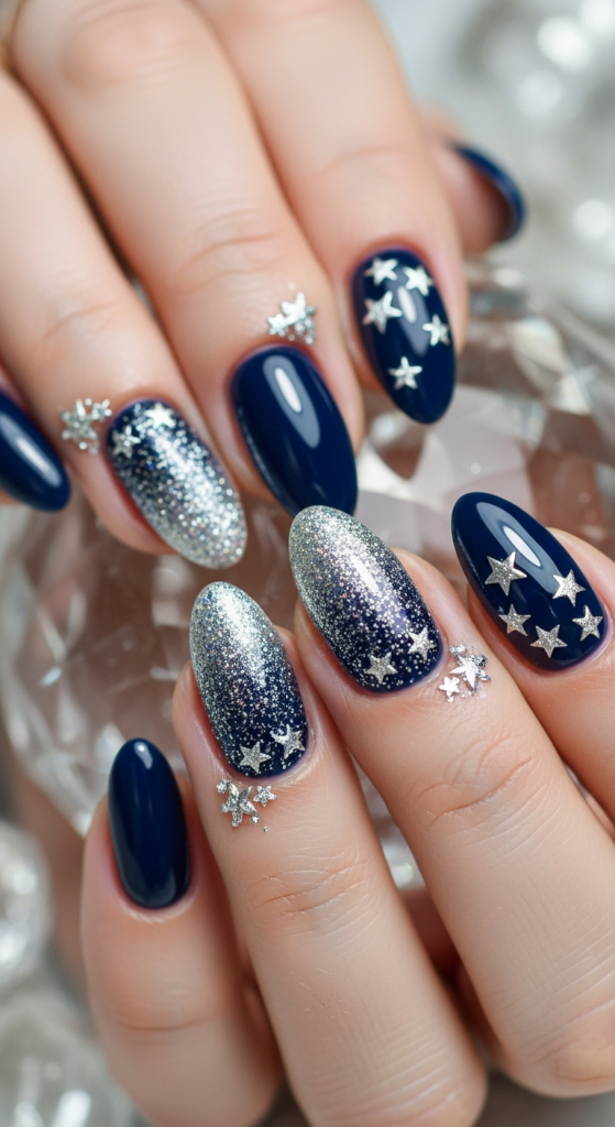 Navy Glitter Fade With Star Accents