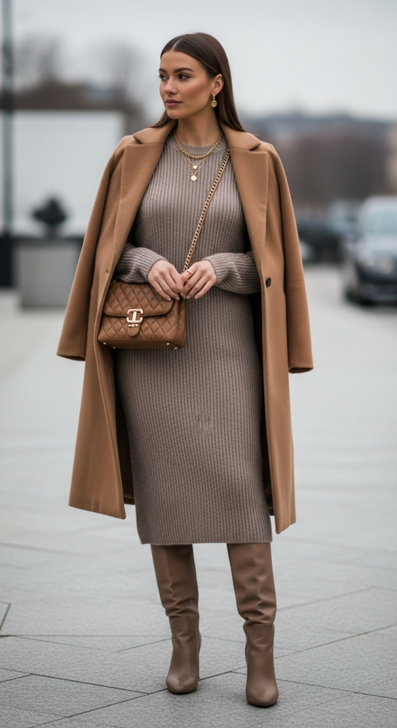 Neutral Knit Dress + Long Camel Coat