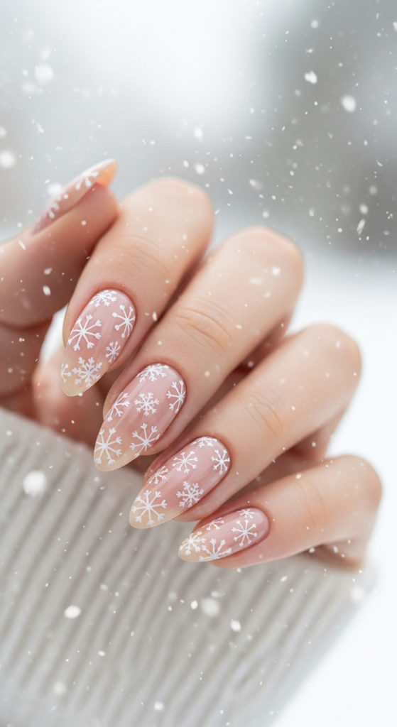 Nude Almond Nails with White Snowflakes