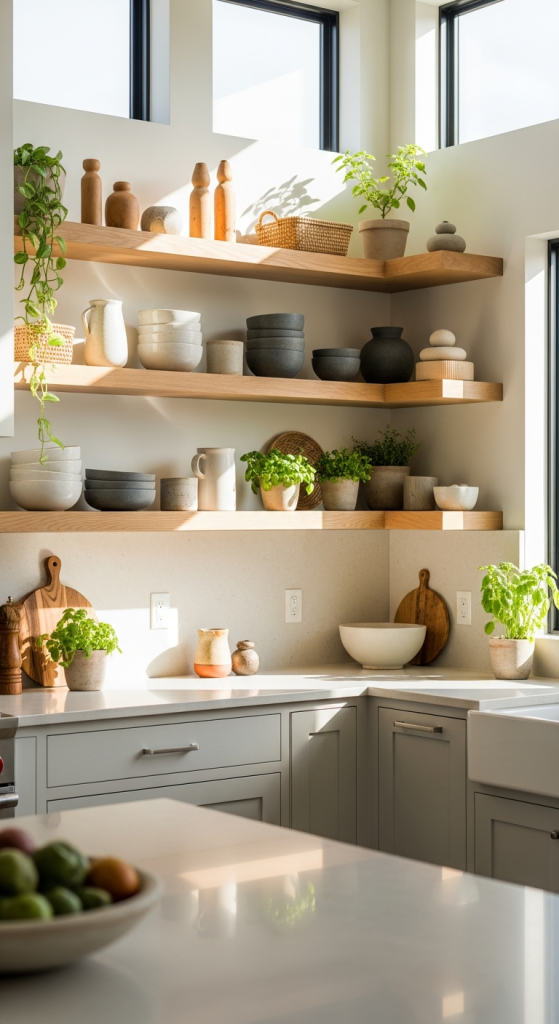 Open Wood Shelving With Organic Décor