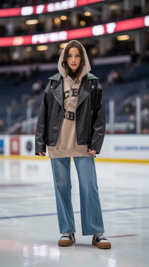 Oversized Hoodie + Leather Jacket + Straight-Leg Jeans
