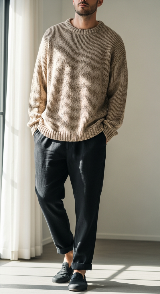 Oversized Knit Sweater And Black Linen Pants