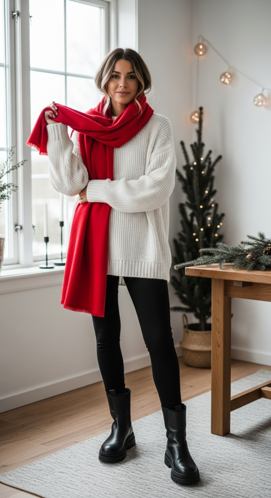 Oversized White Sweater + Red Scarf (Subtle Christmas Touch)