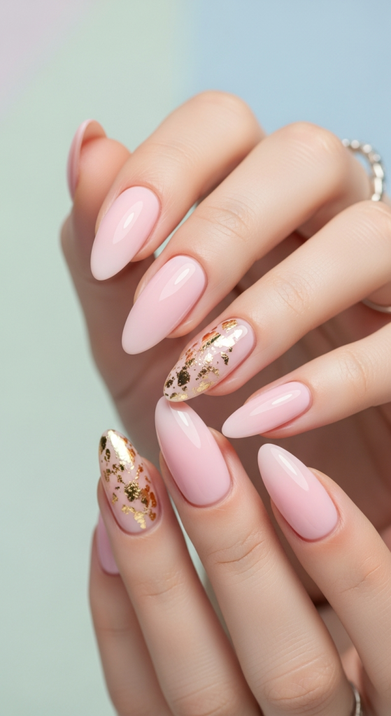 Pink Almond Nails With Gold Flecks