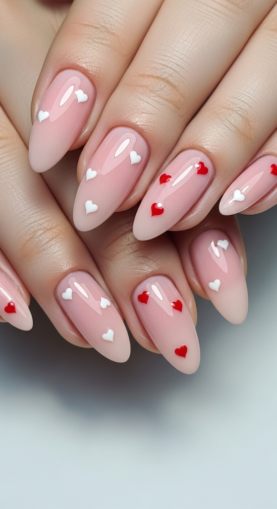 Pink Almond Nails With Micro Hearts