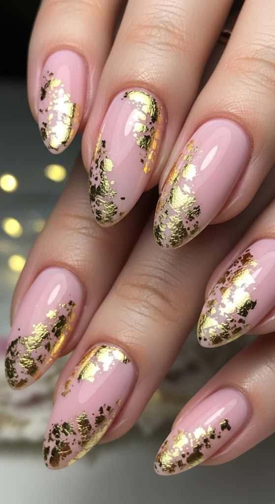 Pink Christmas Almond Nails with Gold Leaf