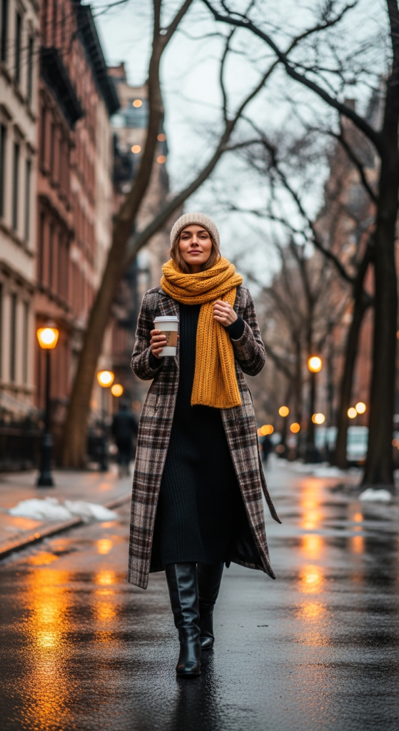Plaid Coat + Black Knit Dress