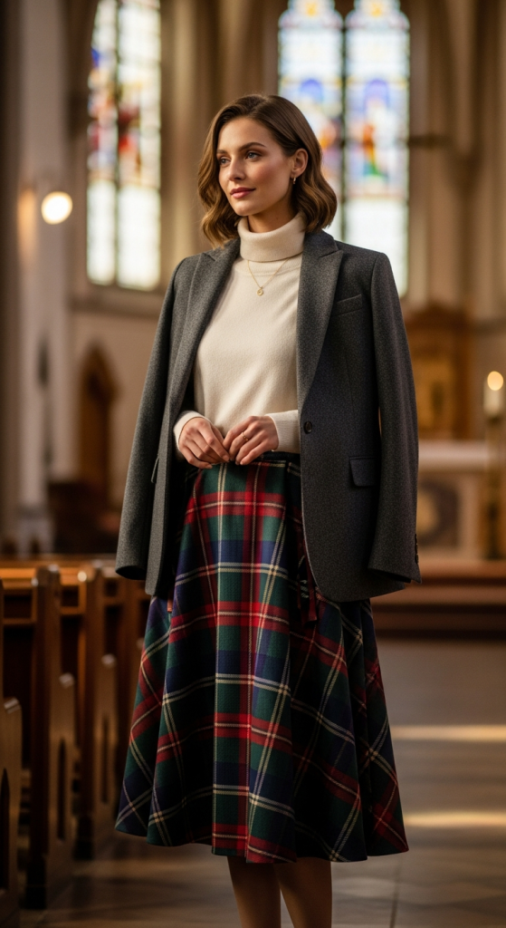 Plaid Skirt with Turtleneck and Wool Blazer