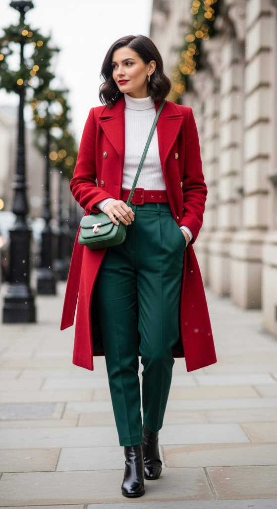 Red Wool Coat Over A White Turtleneck