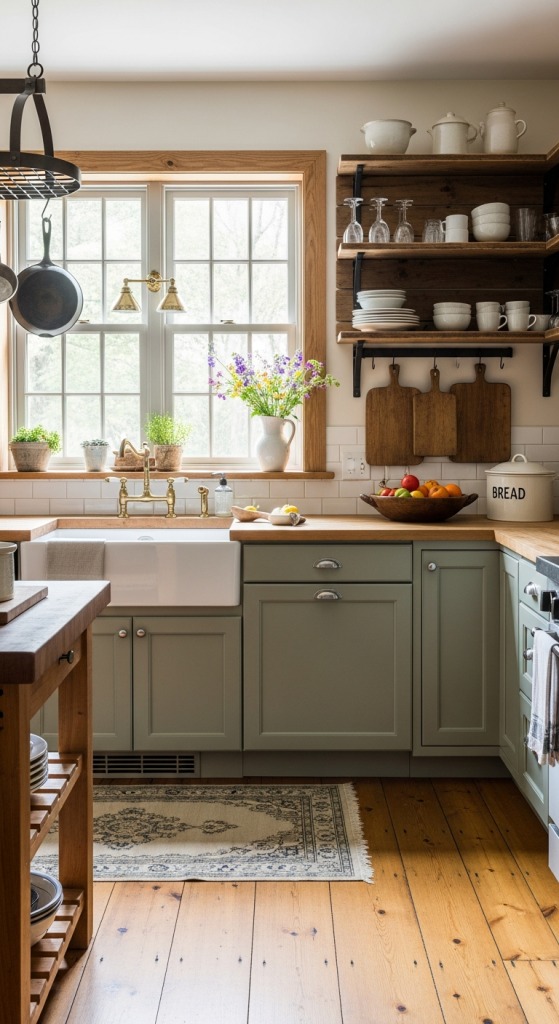 Sage Green Cabinets In A Farmhouse Kitchen
