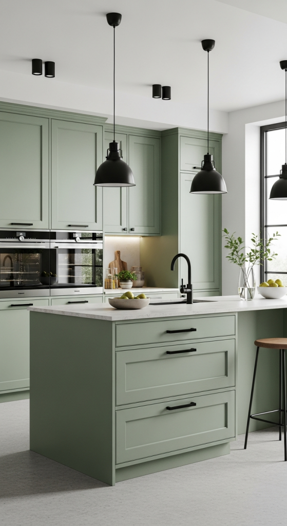 Sage Green Cabinets With Black Accents