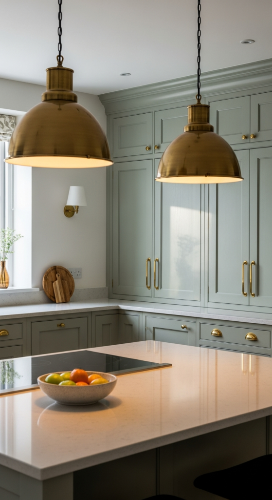 Sage Green Cabinets With Gold Lighting Fixtures