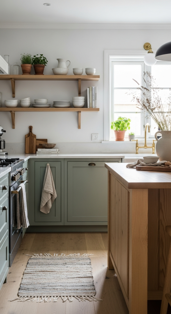 Sage Green Cabinets With Natural Wood Accents