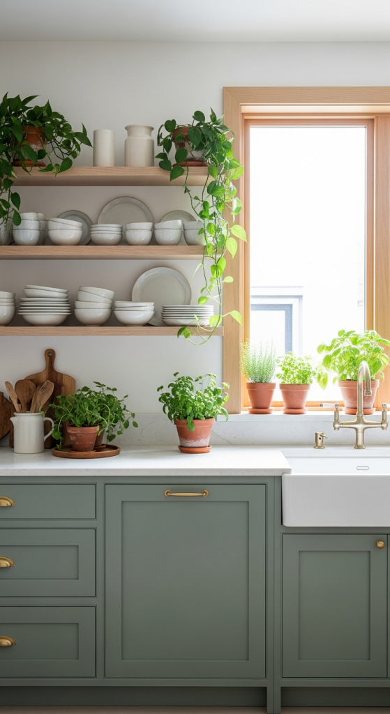Sage Green Cabinets With Open Shelving