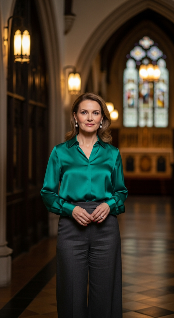 Satin Blouse with Tailored Trousers